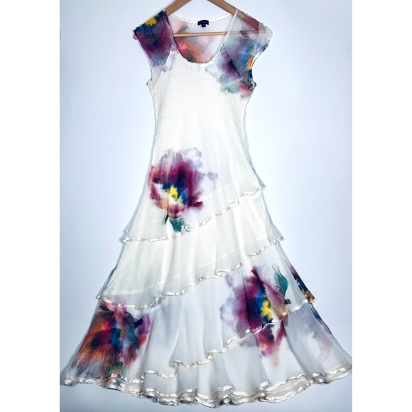 Komarov Dresses & Skirts - Komarov Dress Small Ivory Watercolor Floral Tiered Ruffle Midi Crinkle USA Made